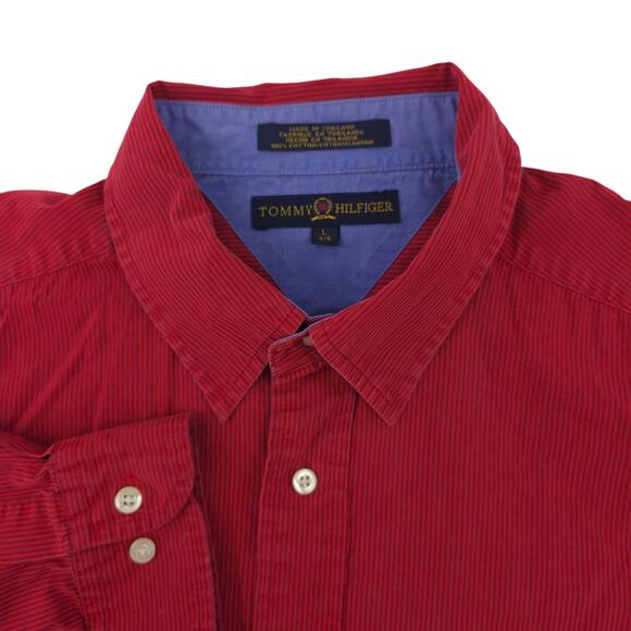 Vtg Tommy Hilfiger Shirt Mens L Red Stripe Cotton Button Down Preppy 90s Classic - Picture 2 of 8